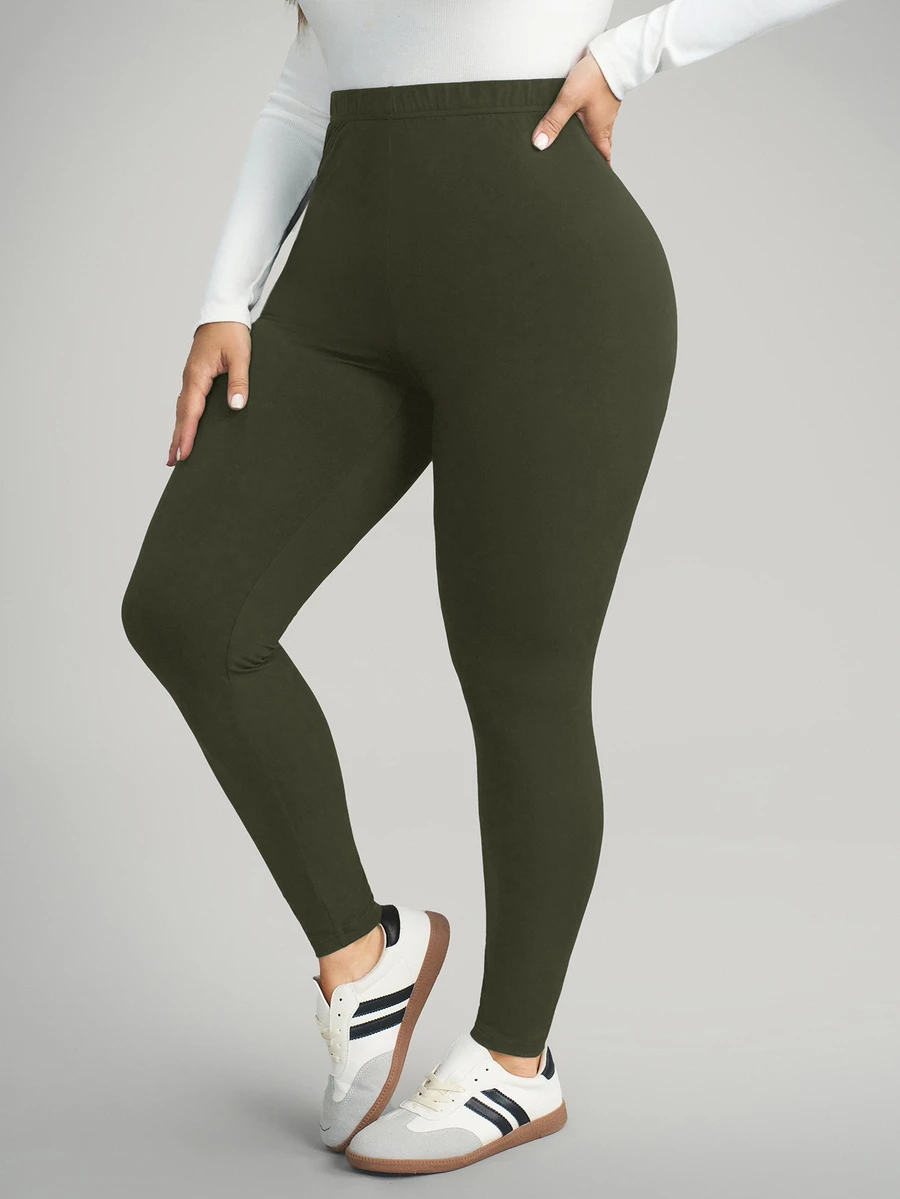 Comfylo Plus Size Women Solid Color High Waist Casual Cargo Traditional Soft Baggy Versatile Leggings Gym Formal Olive Green Summer Home Wear Vacation Workout