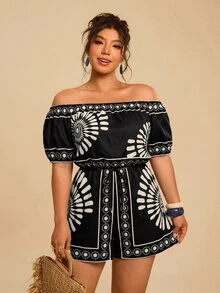 Travachic 大尺碼女款藍白花卉印花短版連身褲，露肩短袖收腰休閒連身褲，海島度假風 - 彩色 - 查看 6