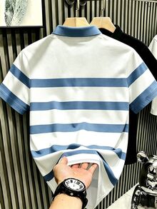 Manfinity Hypemode 復古丹寧風藍白對比條紋 Polo 衫，小馬標誌印花，藝術短袖上衣，男女款圖案 T 恤，夏季休閒日常百搭上衣 - 彩色 - 查看 2