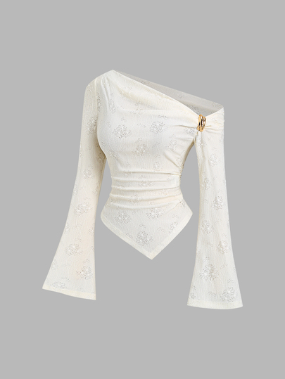 Sweetra Sexy Asymmetrical Hem Textured Fabric Asymmetrical Shoulder Versatile Top