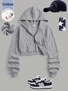 SHEIN 青少年女孩寬鬆休閒基礎簡約舒適街頭風連帽修身前短款長袖冬季外套 白色秋季 - 灰色 - 查看 7