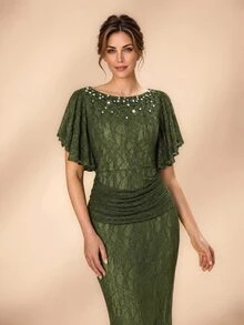 Serin Elegant Olive Green Lace Pearl Rhinestone Beaded Boat Neck Ruffle Ruched Bodycon Mermaid Train Mother Of The Bride Wedding Guest Summer Evening Gown - Olive Green - View 1