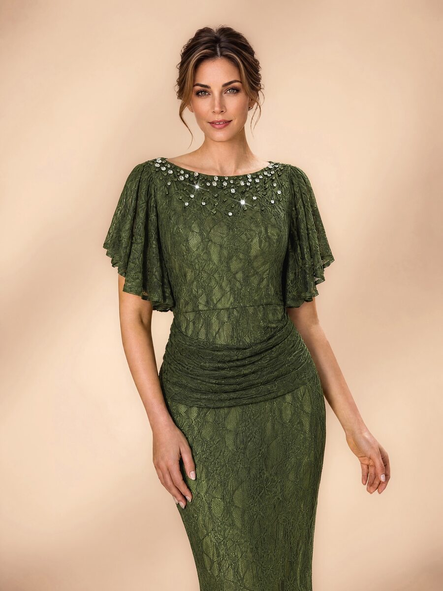 Serin Elegant Olive Green Lace Pearl Rhinestone Beaded Boat Neck Ruffle Ruched Bodycon Mermaid Train Mother Of The Bride Wedding Guest Summer Evening Gown - Olive Green - View 1