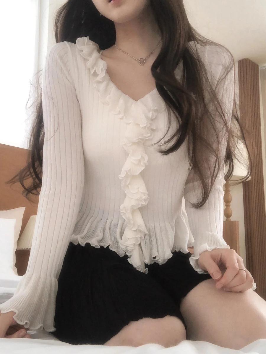 DAZY Women's V-Neck Ruffle Trim Long Sleeve Korean Style Elegant Sweater Fall Vacation - Beige - View 1