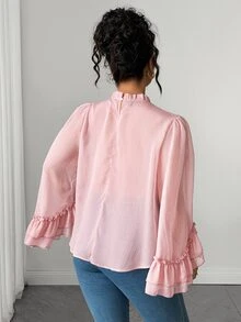 Elenzga Plus Size Chiffon & Satin Patchwork Cape Sleeve 2 In 1 High Neck Layered Hem Decorative Blouse, Elegant For Outings, Dates, Parties, Daily Commute - Pink - View 2