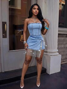SHEIN MOD Women's Patchwork Sequin Tassel Hem Fashion Tube Top Denim Jumpsuit - Blue - View 5