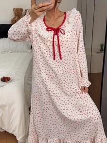 Napfluff Women's Standard Size Cherry Print Ruffle Trim Long Sleeve Nightgown, Lace Collar Decor Pajamas, Cute Style, Suitable For Home And Outdoor Wear, All Season - Apricot - View 6