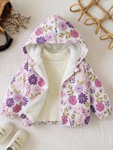 SHEIN 女嬰秋冬可愛粉色愛心圖案燈芯絨連帽保暖內裡夾克 - 彩色 - 查看 5