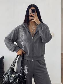 StreetHx Setelan 2 Potong Wanita: Hoodie Sweatshirt Oversized Motif Huruf Musim Gugur dan Celana Jogging Kasual Motif Huruf - Grey - View 3
