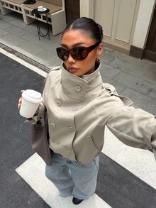 Muchica Women's Solid Color Stand Collar Casual Versatile Daily Commute Trench Coat Jacket Work Everyday Light Grey Autumn - Khaki - View 6
