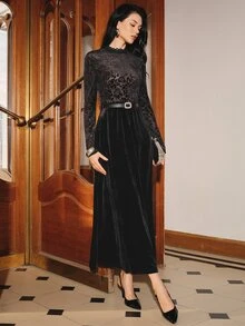 Anewsta Gaun Maxi Wanita Desain Mewah Terbaru, Model Patchwork, Potongan Slim Fit, Kerah Kecil, Lengan Pendek, Model Ekor Ikan, Cocok untuk Kencan Malam - Hitam - View 5