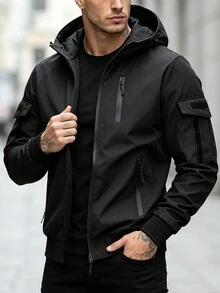 Manfinity Homme 男士純色拉鍊連帽休閒外套，百搭日常穿著 - 黑色 - 查看 3