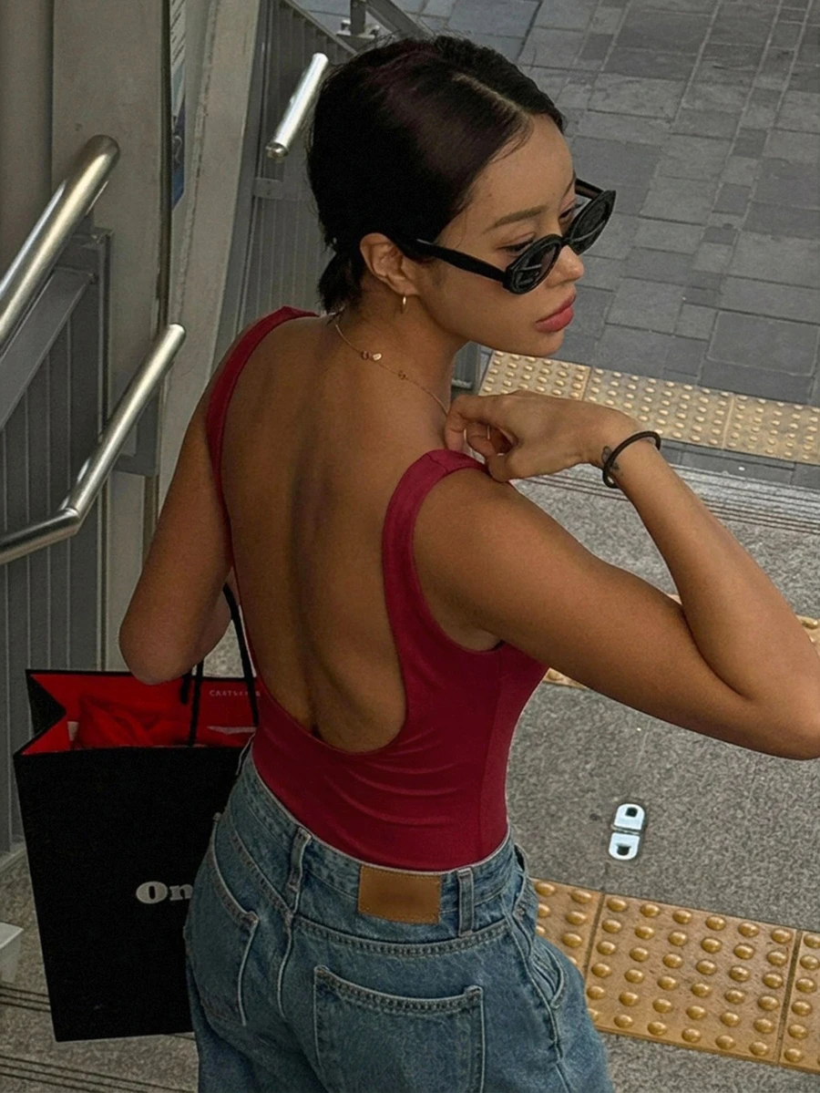 DAZY 女款夏季純色露背性感背心 - 紅色 - 查看 1
