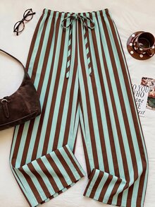 SHEIN EZwear 女款休閒綁帶腰直筒長褲，適合夏季 - 彩色 - 查看 6
