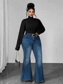 Maweii Plus Size Minimalist Sexy Style Semi-High Neck Lace Patchwork Long Sleeve T-Shirt, Ruched Puff Shoulder, Elastic Ribbed Slim Fit Base Layer Top - Black - View 5