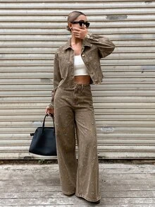 DAZY Women's Rhinestone Decorated Short Jacket And Loose Straight Leg Pants Vacation Style Brown Denim Set - Khaki - View 4