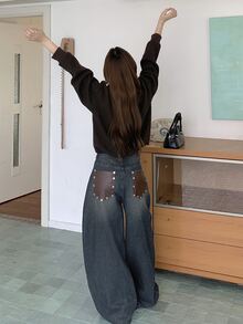 DAZY Celana Jeans Denim Longgar Kasual Wanita dengan Blok Warna untuk Musim Gugur - Grey - View 8