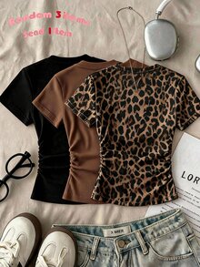 Teen Girls Casual Minimalist Retro Style, Leopard Print, Maillard Color Palette, Round Neck Ruched Waist Fitted Short Sleeve T-Shirt, Suitable For Spring/Summer Versatile Style Y2K, Easy Comfort, Tops, Chill, Leopard - Multicolor - View 2
