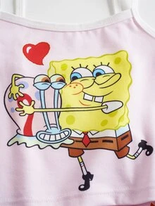SpongeBob SquarePants | SHEIN طقم ملابس داخلية كاميسول وشورت بطبعة كرتونية للفتيات الصغيرات - وردي - مشاهدة 5