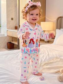 2pcs Set Piyama Bayi Perempuan Nyaman Lembut Hangat Lucu Putri Motif Bunga Warna-warni Merah Muda Tahan Api Kerah Depan Terbuka Lengan Panjang Celana Panjang - Baby Pink - View 3