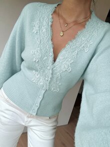 Siren Gaze 女款新款秋季蕾絲拼接V領收腰毛絨針織開襟衫，青綠色、鴨綠色、淺藍色，適合早午餐茶會，浪漫優雅 - 薄荷藍 - 查看 1