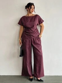 Firerie Plus Size Fashion Commuter Striped Shirt & Pants Suit Set - Red Violet - View 1