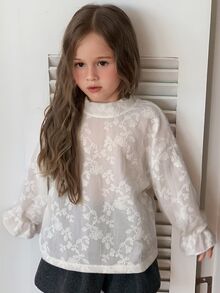 DAZY Pullover Longgar Warna Krem dengan Pola Tekstur Lengan Panjang, Kemeja Rajut Jacquard Musim Gugur untuk Anak Perempuan Muda - Krem - View 6