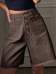 Livesso Women's Brown Vintage Street Style Pocket Casual Vacation Straight Wide Leg 5-Inch Denim Shorts - Brown - View 5