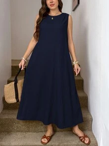 Easowa Curve Plus Size Women Solid Color Casual Daily Summer Travel Dress - Navy Blue - View 4