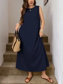 Easowa Curve Plus Size Women Solid Color Casual Daily Summer Travel Dress - Navy Blue - View 6