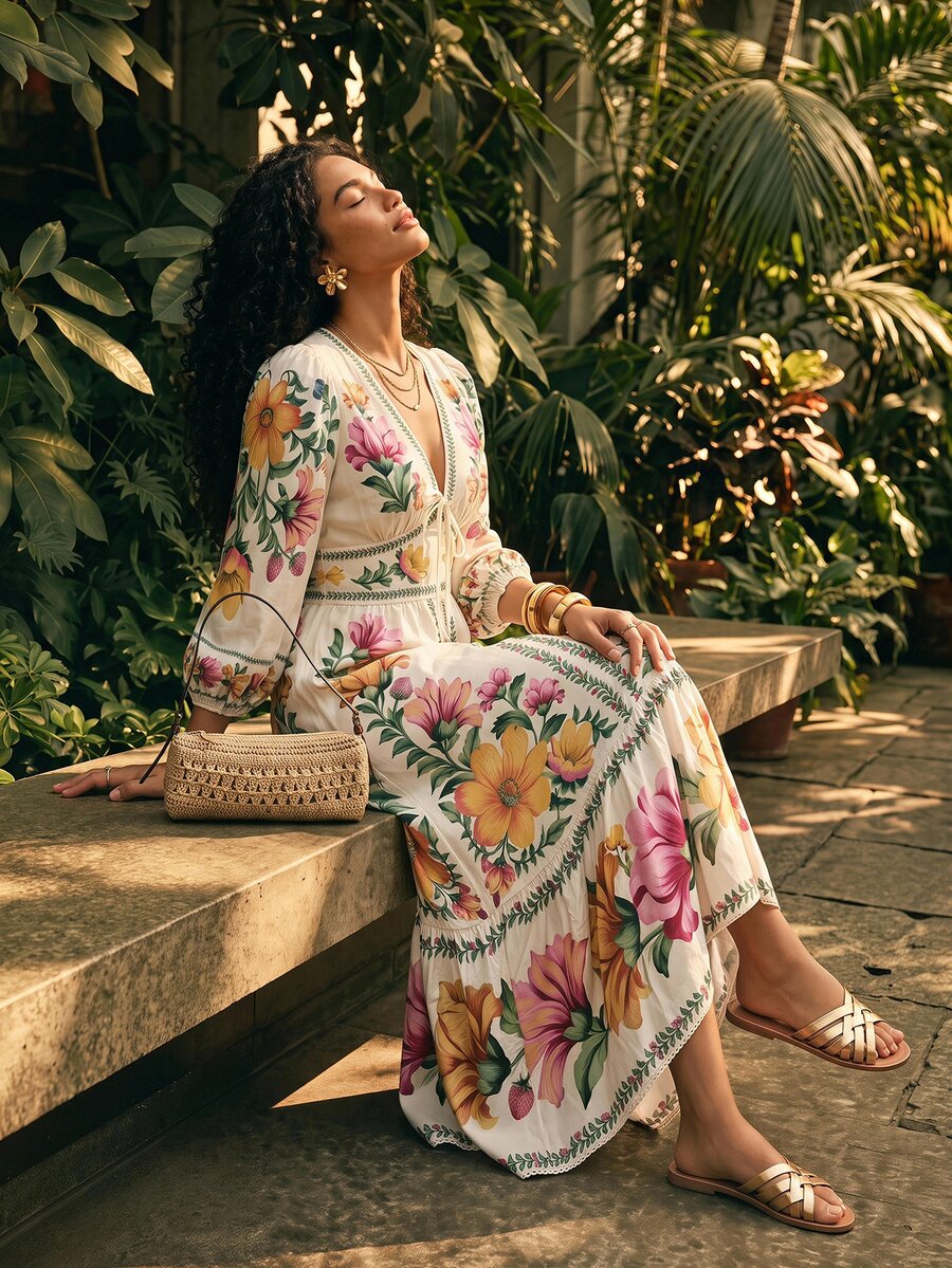 CAJUNI Long Summer Dress With Puff Sleeves And Floral Print. - Multicolor - View 1