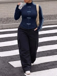 Muchica Navy Blue Casual Women's Plus Size Jacket With Frog Button Design And Zipper Front Fall - Navy Blue - View 5