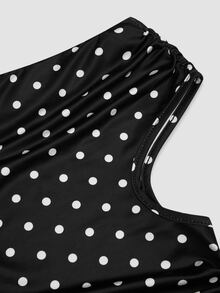 Sweetra Plus Size Early Autumn Ribbed Watermark Polka Dot Asymmetric Neckline Fitted Top And Bodycon Mini Skirt 2 Pieces Set - Black and White - View 12