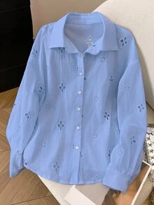 INAWLY 大尺碼女款鏤空刺繡長袖單排扣休閒襯衫 - 藍色 - 查看 3