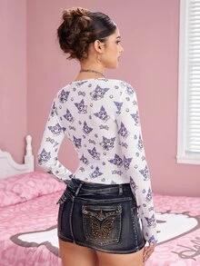 HELLO KITTY AND FRIENDS | SHEIN تي شيرت نسائي بطبعة كرتونية وزينة فيونكة - أبيض - مشاهدة 2