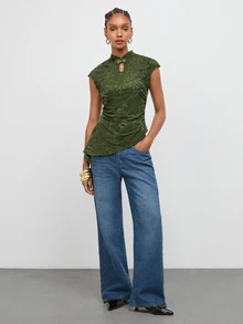 Maija Dark Green Velvet Jacquard Women's Top New Chinese Style Frog Button Short Sleeve Summer Waist-Cinching Slim Fit Elegant Vintage 90s Retro Brunch - Green - View 3