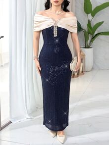 Modelyn Women's Contrast Color Off-Shoulder Patchwork Sequin Elegant Glamorous Long Dress - Blue - View 7