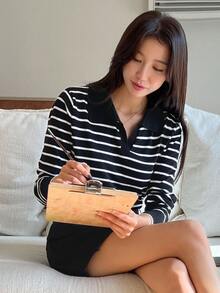 Dazy Tall 女款條紋休閒百搭日常長袖針織衫 秋季 - 黑與白 - 查看 7