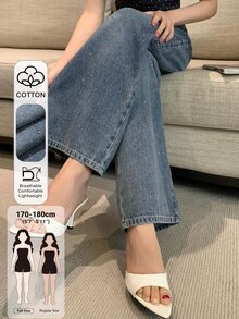 Dazy Tall Women's Elegant Rhinestone Decorated Straight Leg Jeans Fall - Medium Wash - View 1