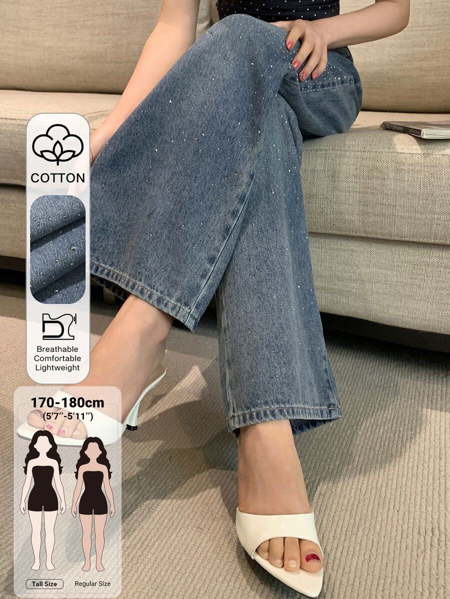 Dazy Tall Women's Elegant Rhinestone Decorated Straight Leg Jeans Fall - Medium Wash - View 1