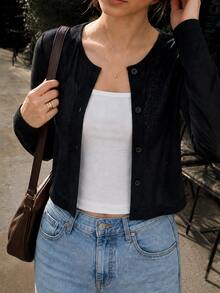Cévolie 女款針織前開扣開襟衫，蕾絲透視後背設計，長袖薄款外套，適合通勤、日常休閒與居家穿著 - 黑色 - 查看 6
