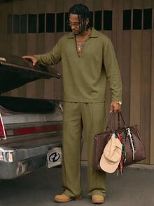AXEPEAK Men's Casual Solid Color Shirt And Pants Set - Green - View 1