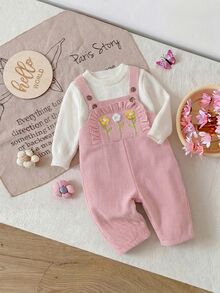SHEIN 新生女嬰可愛百搭休閒粉色彩虹刺繡連身褲，適合兒童春、夏、秋、冬穿著 - 淺粉色 - 查看 6