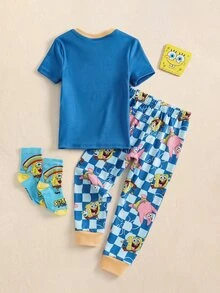 SpongeBob SquarePants | SHEIN Conjunto de ropa de estar en casa para niño pequeño con estampado de dibujos animados, top y pantalones de ajuste ceñido - Azul - Ver 2
