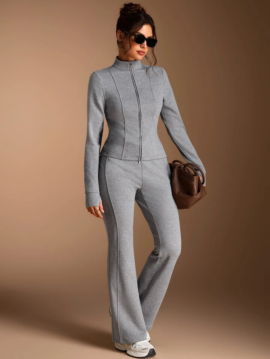 SHEIN BASICS Women's Minimalist Soft Casual Athleisure Zipper Long Sleeve Sweatshirt Drawstring Waist Flared Pants 2 Pieces Set Gym Travel Lounge Grey Winter - Dark Grey - View 1
