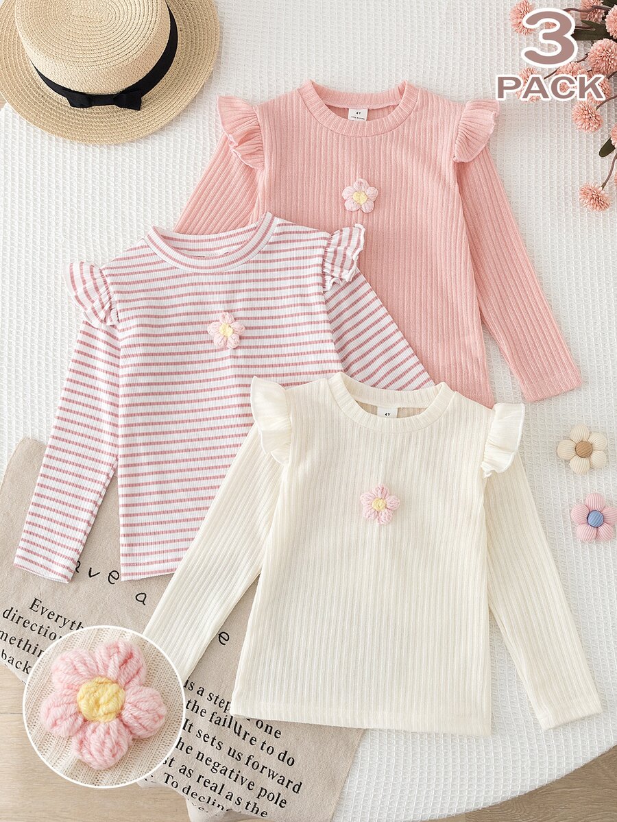 Áo lớp nền tay dài cho bé gái (size nhỏ), màu hồng trơn, màu be, kẻ sọc hồng trắng, có 3 màu, thiết kế tay cánh vai, thân áo trang trí hoa len, phù hợp mặc đi học hàng ngày, chụp ảnh ngoài trời, thăm bạn bè và gia đình, dã ngoại ngoại ô, tụ họp chị em và các dịp khác, mặc mùa xuân và mùa thu, dễ thương và thanh lịch - Nhiều màu - Xem 1