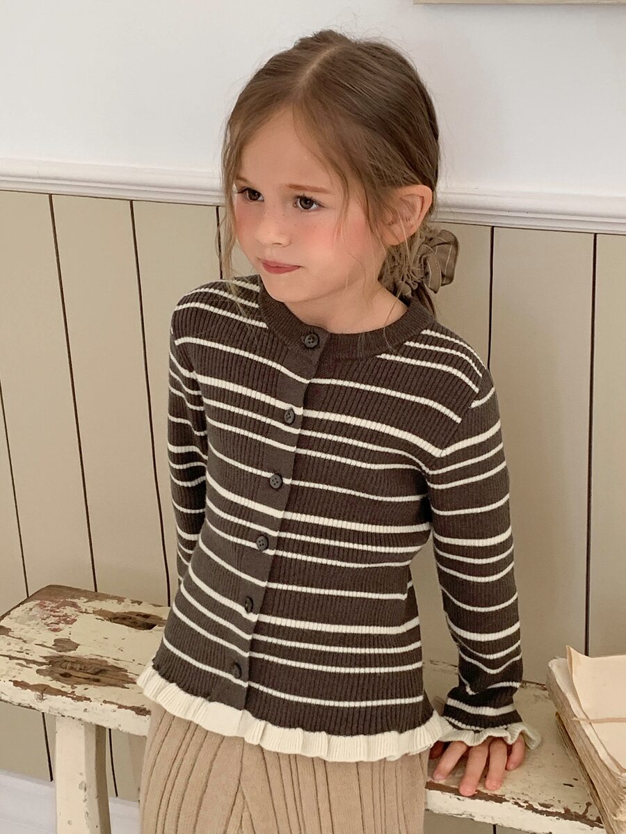 Hapijoa Young Girls' Striped Color Block Frill Trim Basic Short Cardigan Sweater, Autumn/Winter - Brown - View 1