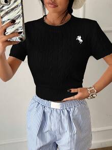 SHEIN Unity Casual Versatile Short Sleeve Knit Top - Black - View 4