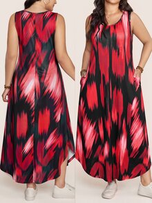 Comfylo Plus Size Casual Printed Colorblock Pocket Dress For Vacation - Multicolor - View 3