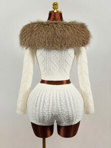 Mistrie Autumn/Winter Cozy Brown Coffee Fluffy Knit Set, Argyle Cable Knit Fitted Cropped Top & Tight Knit Shorts 2 Pieces Set - Beige - View 5